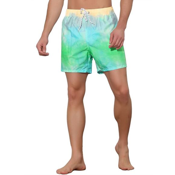 Men's Tie Dye Printed Elastic Waistband Vacation Swim Trunks Green - Picture 5 of 5